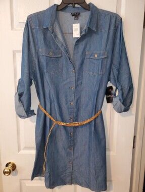 Chesley Blue Denim-Look Button Dress with Braided Tan Belt